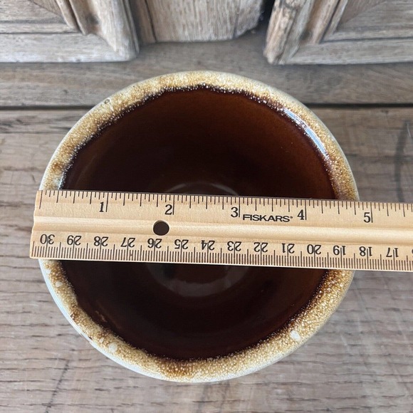 Vintage Western Stoneware Ribbed Brown Bowl Maple Leaf Stamp Drip Glaze Monmouth - Picture 4 of 8